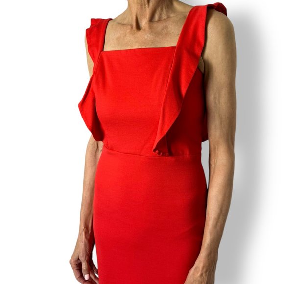 Amanda Uprichard Red Sheath Short Dress Ruffle Square Neck Size L Pinafore - Picture 2 of 8